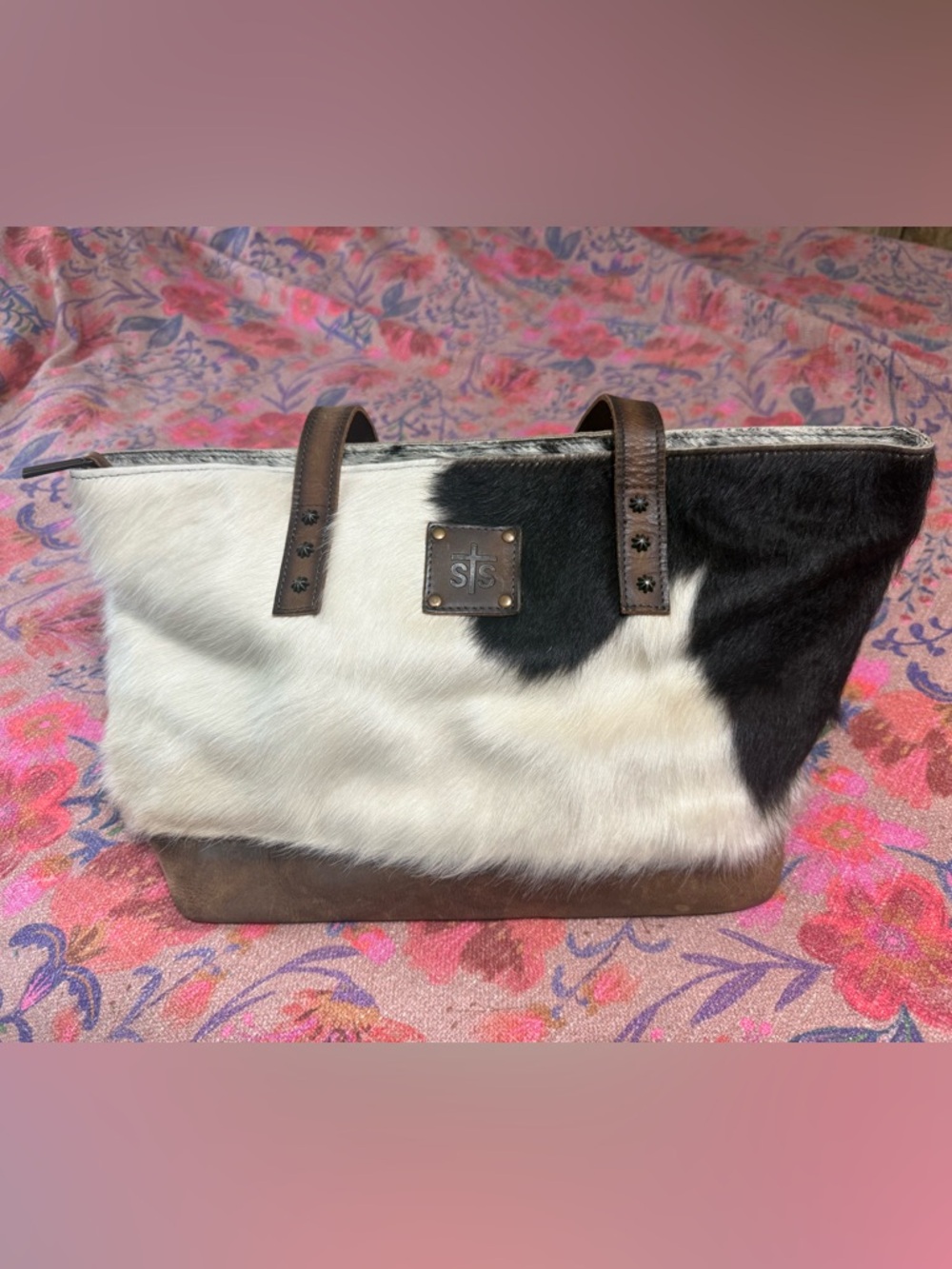 STS Ranchwear Black and White Cowhide Western Tote with Brown Leather Trim
